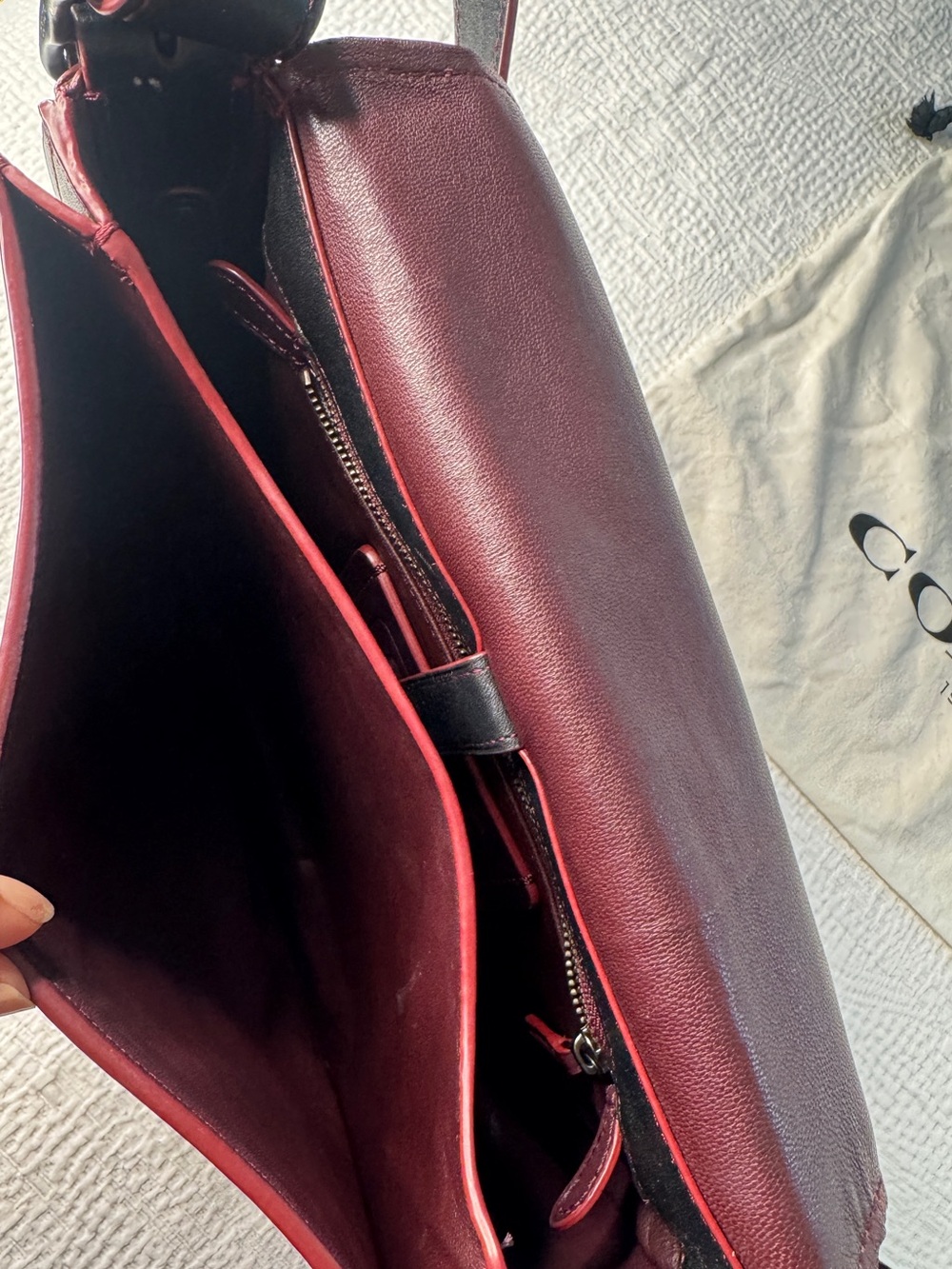 Coach 1941 Black Leather Crossbody large Saddle Bag with Oxblood Red Accents. - Picture 6 of 10